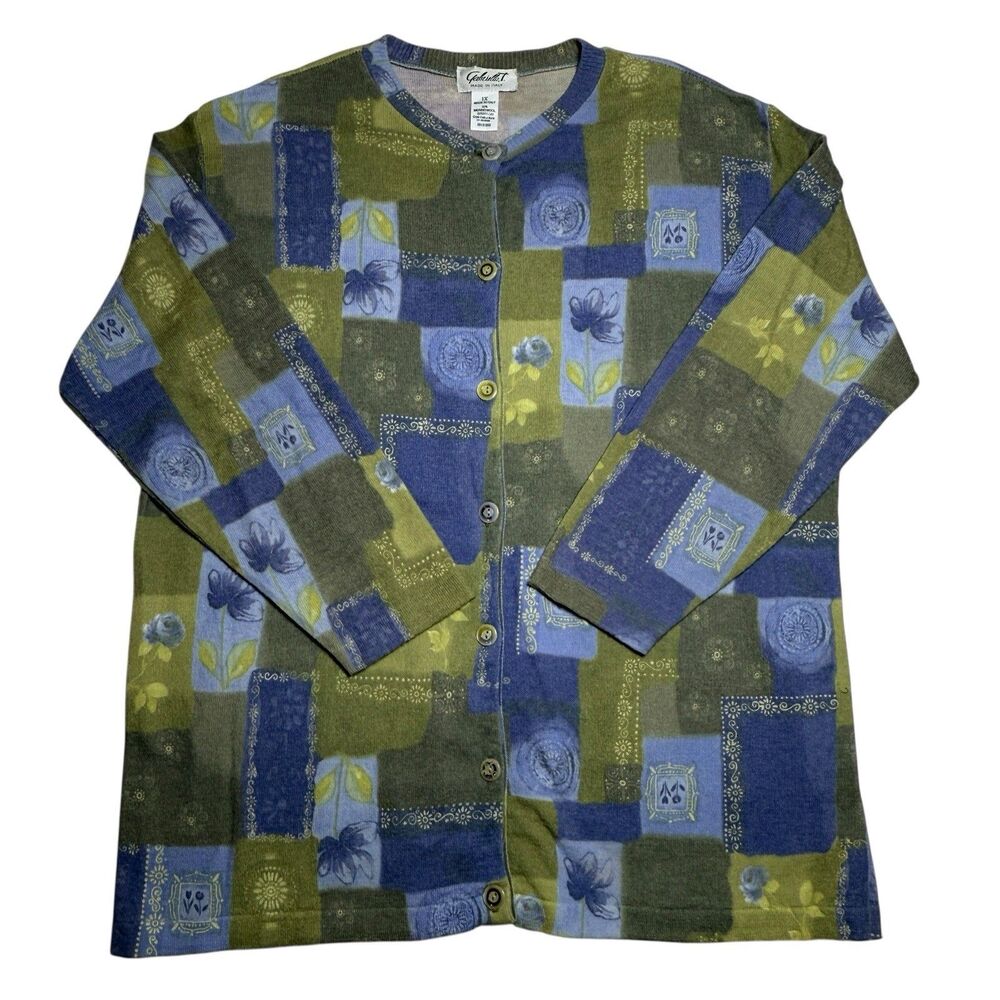 Vintage Gabriella T Womens Merino Wool Blend Cardigan 1X Made in Italy Patchwork